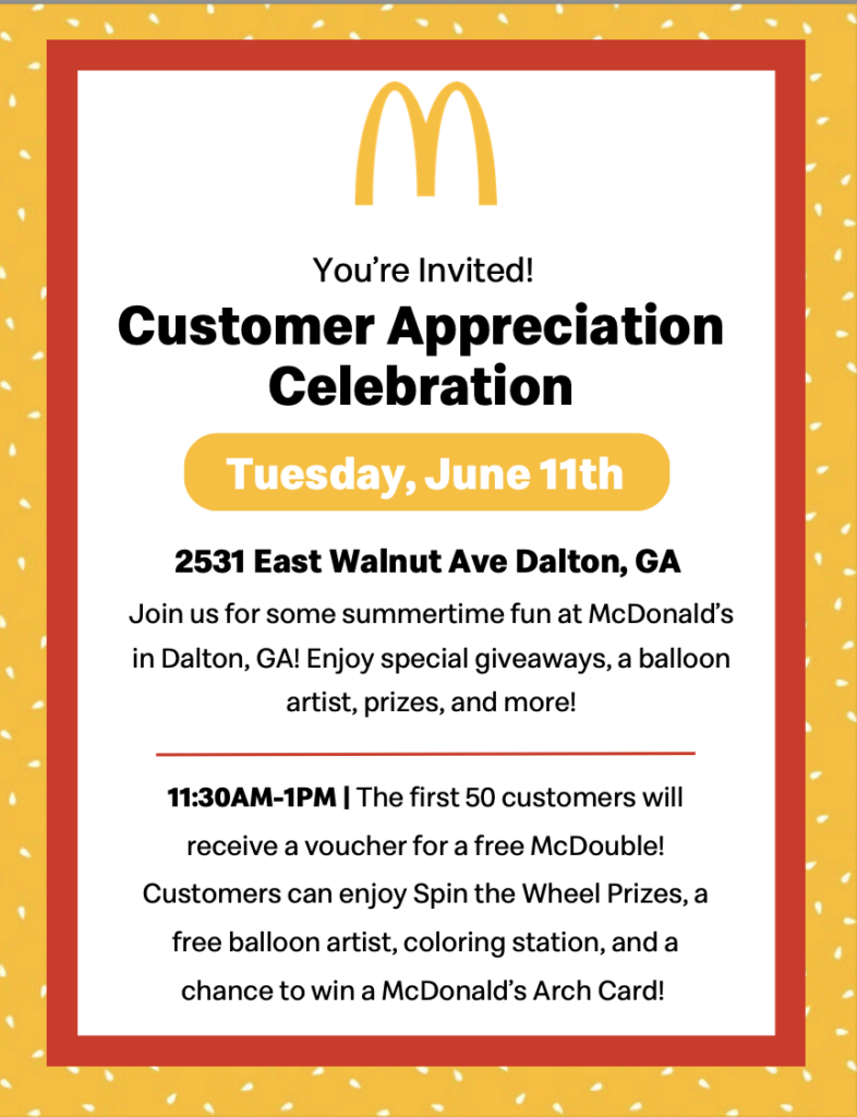 McDonald’s Customer Appreciation Celebration! Visit Dalton, GA